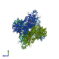 PDB entry 4rh3 coloured by chain, side view.