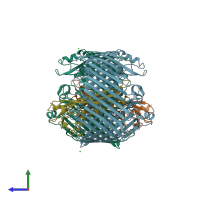 PDB entry 4rhb coloured by chain, side view.
