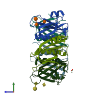 PDB entry 4rhs coloured by chain, side view.