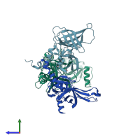 PDB entry 4ri0 coloured by chain, side view.