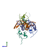 PDB entry 4rkh coloured by chain, side view.
