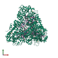 Homo trimeric assembly 1 of PDB entry 4rkn coloured by chemically distinct molecules, front view.