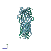 PDB entry 4rlb coloured by chain, side view.