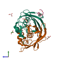 PDB entry 4rlj coloured by chain, side view.