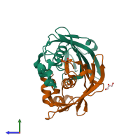 PDB entry 4rlt coloured by chain, side view.