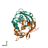 PDB entry 4rlw coloured by chain, side view.