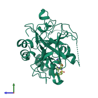 Monomeric assembly 1 of PDB entry 4rn6 coloured by chemically distinct molecules, side view.