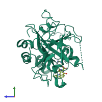 Monomeric assembly 2 of PDB entry 4rn6 coloured by chemically distinct molecules, side view.