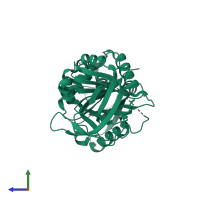 PDB entry 4roa coloured by chain, side view.