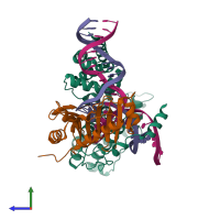 PDB entry 4roc coloured by chain, side view.