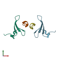 PDB entry 4rof coloured by chain, front view.
