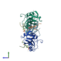 PDB entry 4roj coloured by chain, side view.