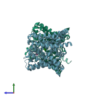 PDB entry 4rp8 coloured by chain, side view.