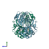 PDB entry 4rpa coloured by chain, side view.