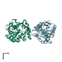 PDB entry 4rpc coloured by chain, top view.