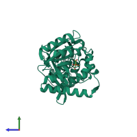 Monomeric assembly 2 of PDB entry 4rpf coloured by chemically distinct molecules, side view.