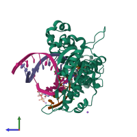 PDB entry 4rpz coloured by chain, side view.