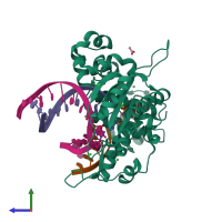 PDB entry 4rq4 coloured by chain, side view.