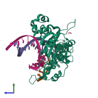 PDB entry 4rq6 coloured by chain, side view.