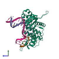 PDB entry 4rq7 coloured by chain, side view.
