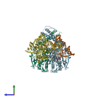 PDB entry 4rqe coloured by chain, side view.