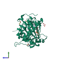 PDB entry 4rqv coloured by chain, side view.