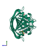 Homo dimeric assembly 1 of PDB entry 4rr6 coloured by chemically distinct molecules, side view.