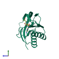 PDB entry 4rrc coloured by chain, side view.