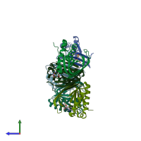 PDB entry 4rrf coloured by chain, side view.