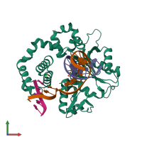 PDB entry 4rt3 coloured by chain, front view.