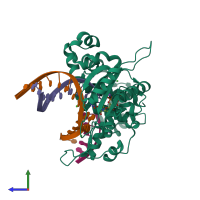 PDB entry 4rt3 coloured by chain, side view.