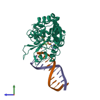 PDB entry 4rtn coloured by chain, side view.