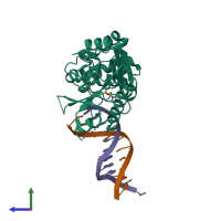 PDB entry 4rtq coloured by chain, side view.