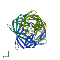 PDB entry 4rvx coloured by chain, side view.
