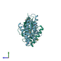 PDB entry 4rw0 coloured by chain, side view.