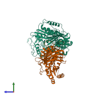 PDB entry 4rw9 coloured by chain, side view.