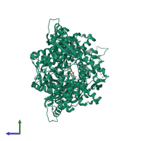 Homo dimeric assembly 1 of PDB entry 4rxo coloured by chemically distinct molecules, side view.