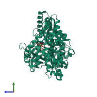 Monomeric assembly 2 of PDB entry 4ry5 coloured by chemically distinct molecules, side view.