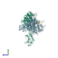 PDB entry 4tf4 coloured by chain, side view.