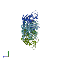 PDB entry 4tk0 coloured by chain, side view.