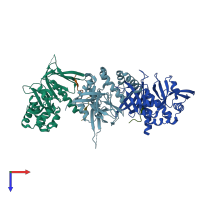 PDB entry 4tkn coloured by chain, top view.