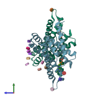 PDB entry 4tkr coloured by chain, side view.