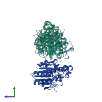 PDB entry 4tn0 coloured by chain, side view.