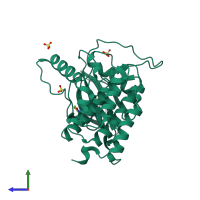 Monomeric assembly 1 of PDB entry 4tn6 coloured by chemically distinct molecules, side view.