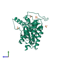 Monomeric assembly 2 of PDB entry 4tn6 coloured by chemically distinct molecules, side view.