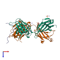 Hetero trimeric assembly 1 of PDB entry 4tqe coloured by chemically distinct molecules, top view.