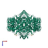 Homo tetrameric assembly 1 of PDB entry 4trm coloured by chemically distinct molecules, top view.