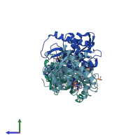 PDB entry 4ttj coloured by chain, side view.