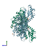 PDB entry 4twa coloured by chain, side view.