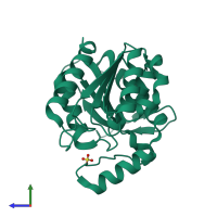 Monomeric assembly 1 of PDB entry 4u2f coloured by chemically distinct molecules, side view.